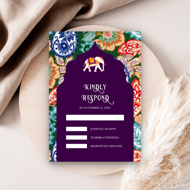 Vibrant Indian Folk Art Elephant Aubergine Wedding RSVP Card (Creator Uploaded)