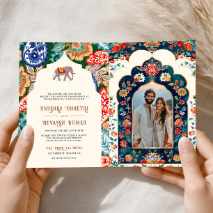 Vibrant Indian Folk Art Elephant Cream Wedding Invitation