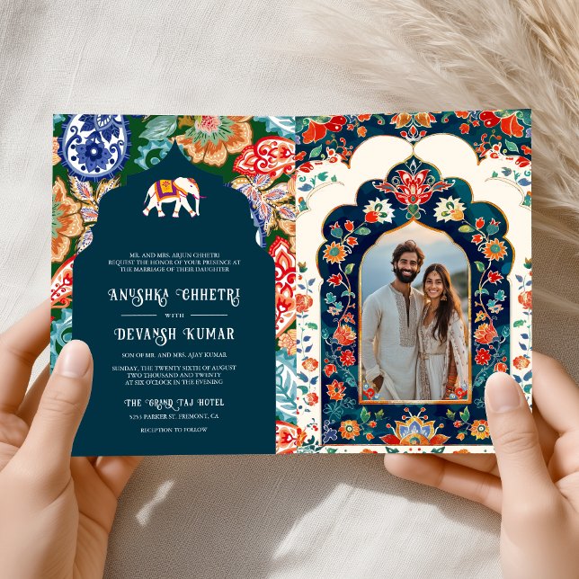 Vibrant Indian Folk Art Elephant Dark Blue Wedding Invitation (Creator Uploaded)