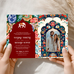 Vibrant Indian Folk Art Elephant Dark Red Wedding Invitation