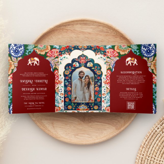 Vibrant Indian Folk Art Elephant Dark Red Wedding Tri-Fold Invitation (Creator Uploaded)