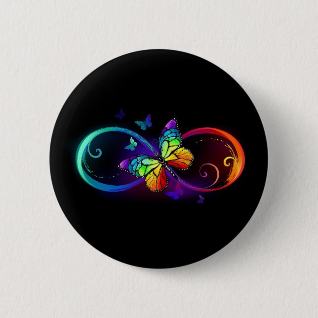 Vibrant infinity with rainbow butterfly on black 2 inch round button (Front)