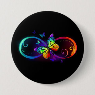 Vibrant infinity with rainbow butterfly on black 3 inch round button