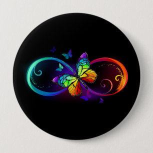 Vibrant infinity with rainbow butterfly on black 4 inch round button
