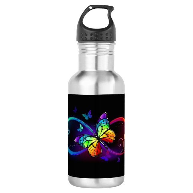 Vibrant infinity with rainbow butterfly on black 532 ml water bottle (Front)