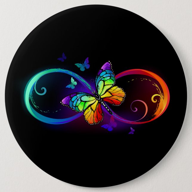 Vibrant infinity with rainbow butterfly on black 6 inch round button (Front)