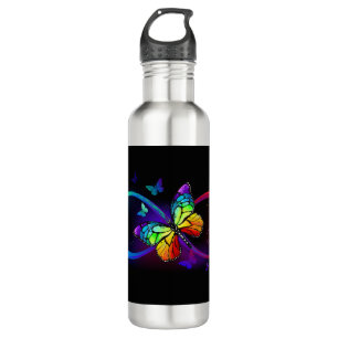 Vibrant infinity with rainbow butterfly on black 710 ml water bottle