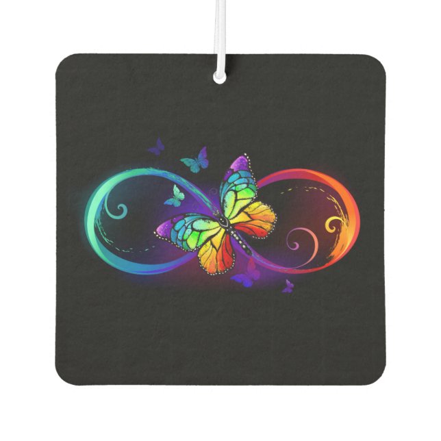Vibrant infinity with rainbow butterfly on black air freshener (Front)