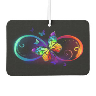 Vibrant infinity with rainbow butterfly on black air freshener