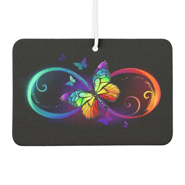 Vibrant infinity with rainbow butterfly on black air freshener (Front)