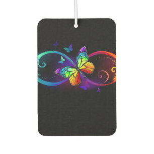 Vibrant infinity with rainbow butterfly on black air freshener