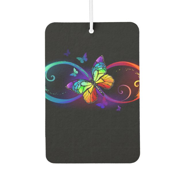 Vibrant infinity with rainbow butterfly on black air freshener (Front)