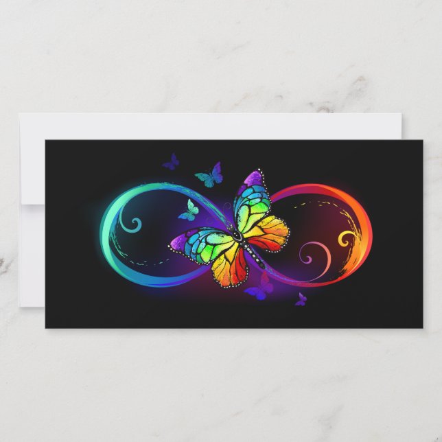 Vibrant infinity with rainbow butterfly on black announcement (Front)