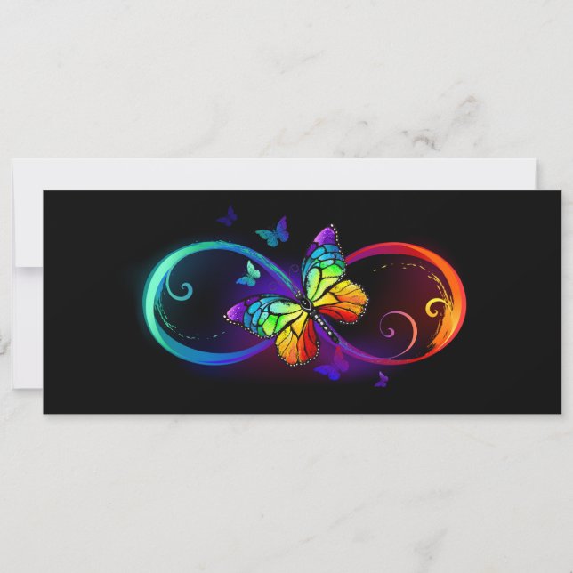 Vibrant infinity with rainbow butterfly on black announcement (Front)