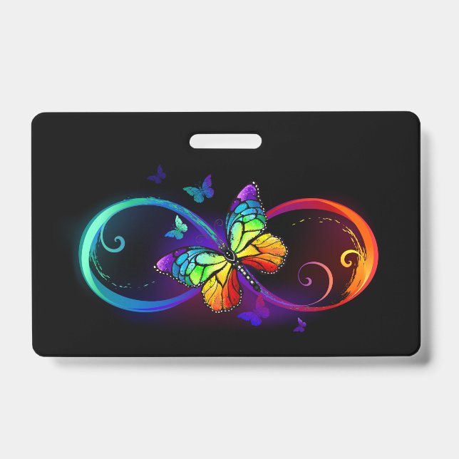 Vibrant infinity with rainbow butterfly on black badge (Front)