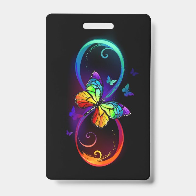 Vibrant infinity with rainbow butterfly on black badge (Front)