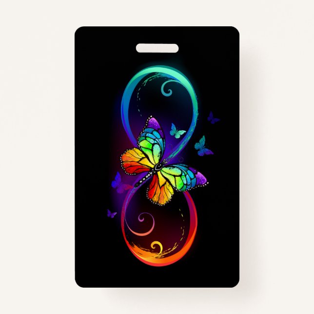 Vibrant infinity with rainbow butterfly on black badge (Front)