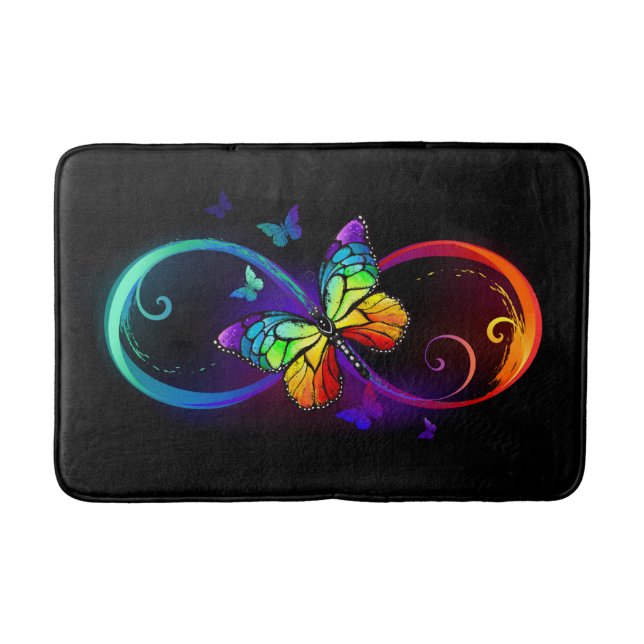 Vibrant infinity with rainbow butterfly on black bath mat (Front)