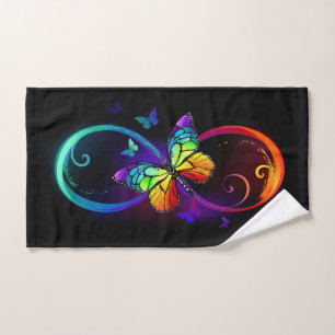 Vibrant infinity with rainbow butterfly on black bath towel set