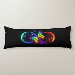 Vibrant infinity with rainbow butterfly on black body pillow