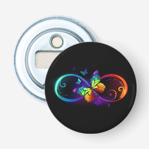 Vibrant infinity with rainbow butterfly on black bottle opener