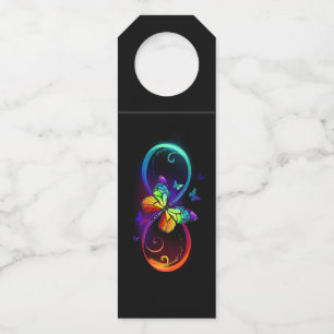 Vibrant infinity with rainbow butterfly on black bottle tag