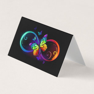 Vibrant infinity with rainbow butterfly on black business card