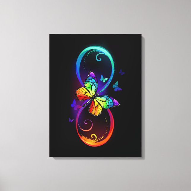Vibrant infinity with rainbow butterfly on black  canvas print (Front)