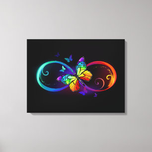 Vibrant infinity with rainbow butterfly on black canvas print