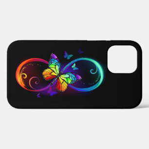 Vibrant infinity with rainbow butterfly on black iPhone 12 case