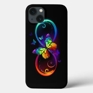 Vibrant infinity with rainbow butterfly on black iPhone 13 case