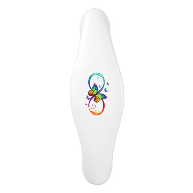 Vibrant infinity with rainbow butterfly on black ceramic cabinet pull (Front)