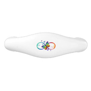 Vibrant infinity with rainbow butterfly on black ceramic drawer pull