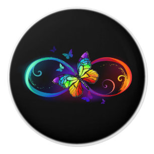 Vibrant infinity with rainbow butterfly on black ceramic knob