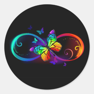 Vibrant infinity with rainbow butterfly on black classic round sticker