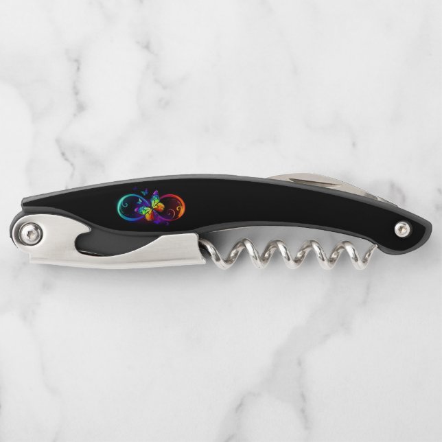 Vibrant infinity with rainbow butterfly on black corkscrew (Front)