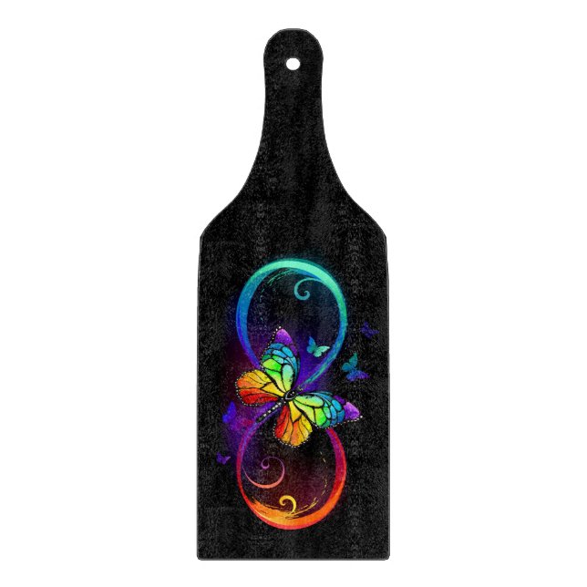 Vibrant infinity with rainbow butterfly on black  cutting board (Front)