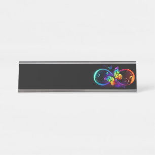 Vibrant infinity with rainbow butterfly on black desk name plate