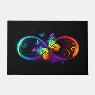Vibrant infinity with rainbow butterfly on black doormat