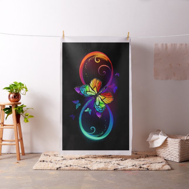 Vibrant infinity with rainbow butterfly on black fabric (In Situ)