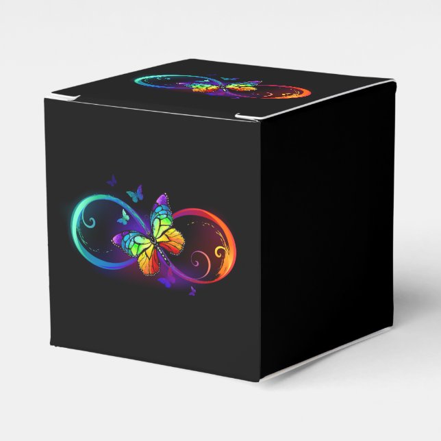 Vibrant infinity with rainbow butterfly on black favor box (Front Side)