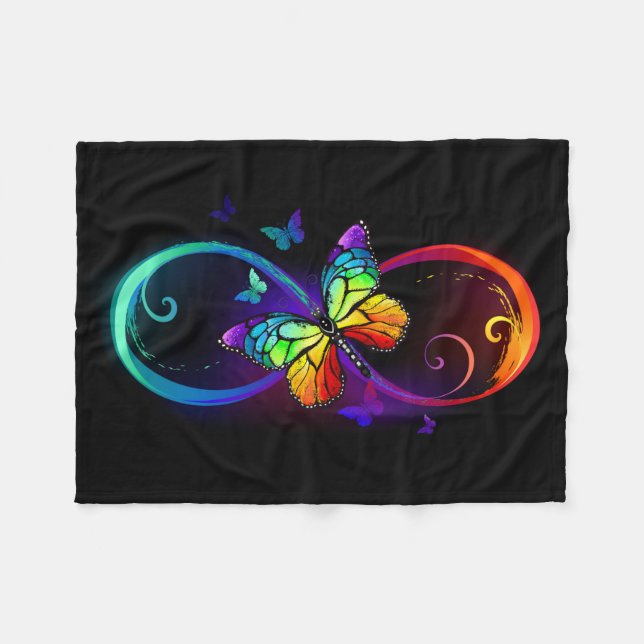 Vibrant infinity with rainbow butterfly on black fleece blanket (Front (Horizontal))