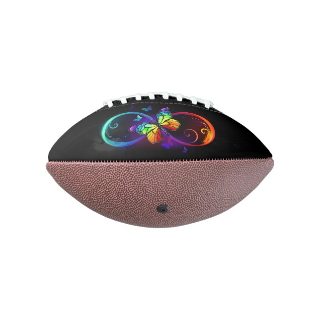Vibrant infinity with rainbow butterfly on black football (Rotated 270)