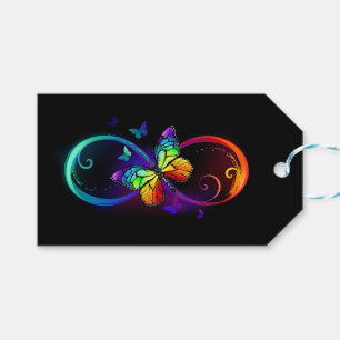 Vibrant infinity with rainbow butterfly on black gift tags