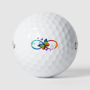 Vibrant infinity with rainbow butterfly on black  golf balls