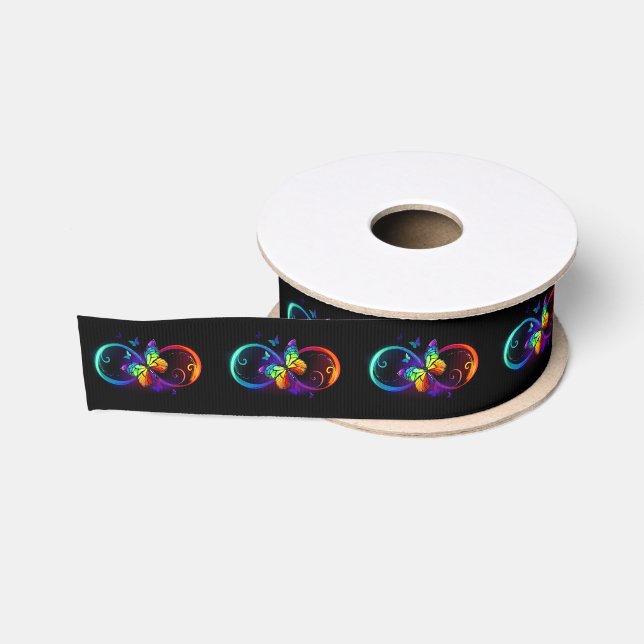 Vibrant infinity with rainbow butterfly on black grosgrain ribbon (Spool)