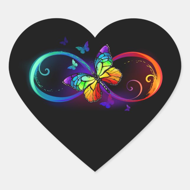 Vibrant infinity with rainbow butterfly on black  heart sticker (Front)