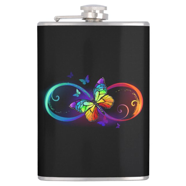 Vibrant infinity with rainbow butterfly on black hip flask (Front)