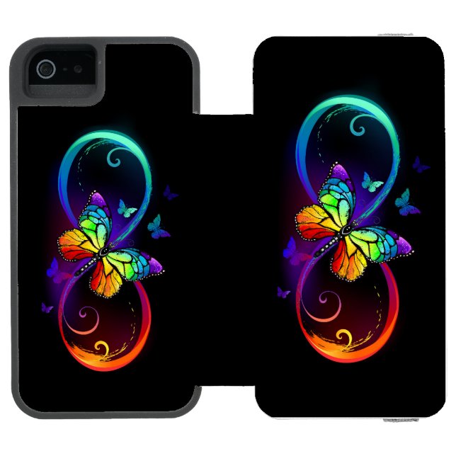 Vibrant infinity with rainbow butterfly on black incipio iPhone wallet case (Folio Open)