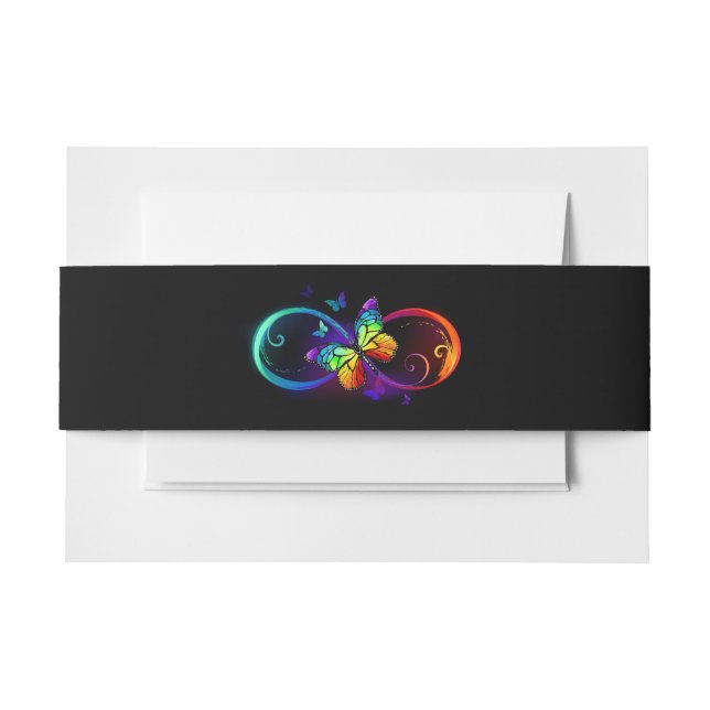 Vibrant infinity with rainbow butterfly on black  invitation belly band (Front Example)